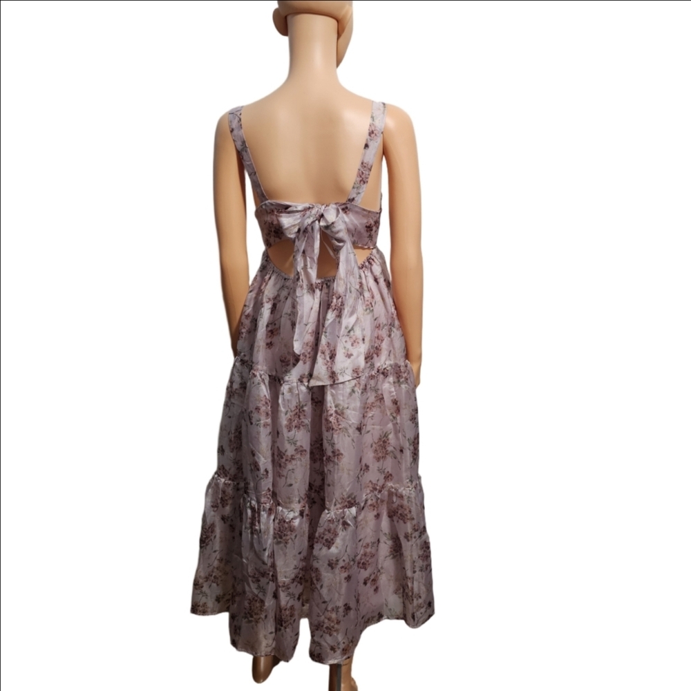 Lulus Marvelously Darling Mauve Floral Tiered Backless Midi Dress Cottagecore S - Picture 4 of 10